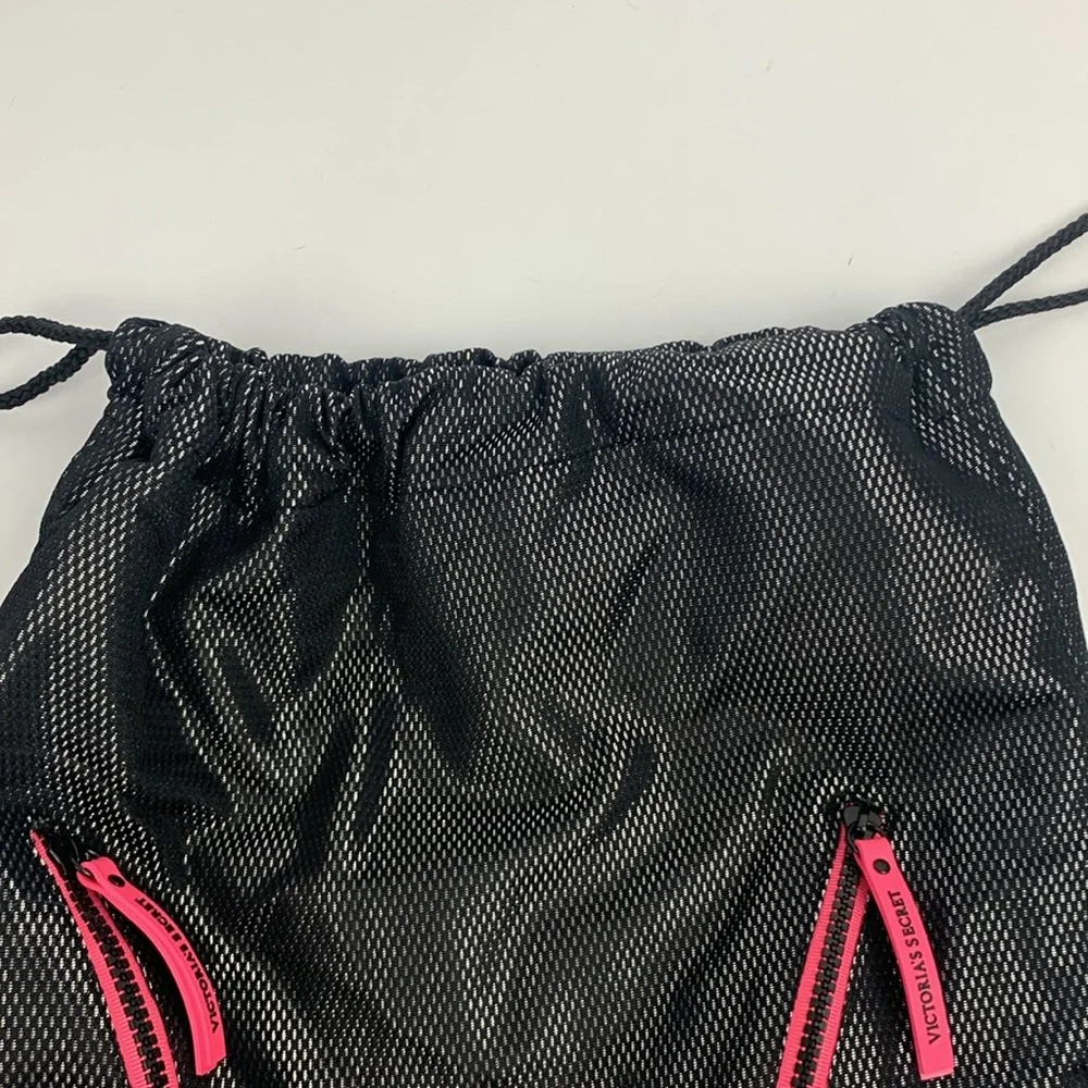 Victoria’s Secret Cinch Bag Black Bright Pink  Drawstrings 2 Zip Pockets